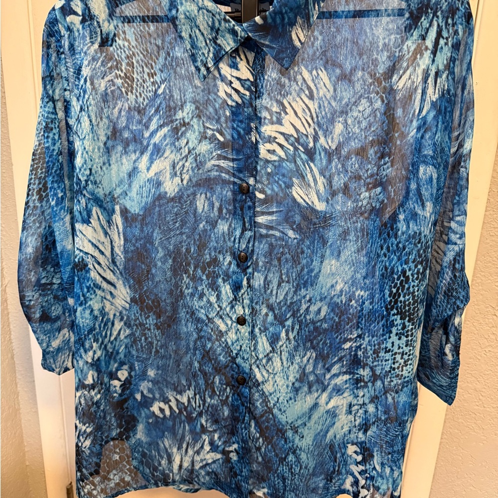 BonWorth Blue Abstract Women's Sheer Blouse